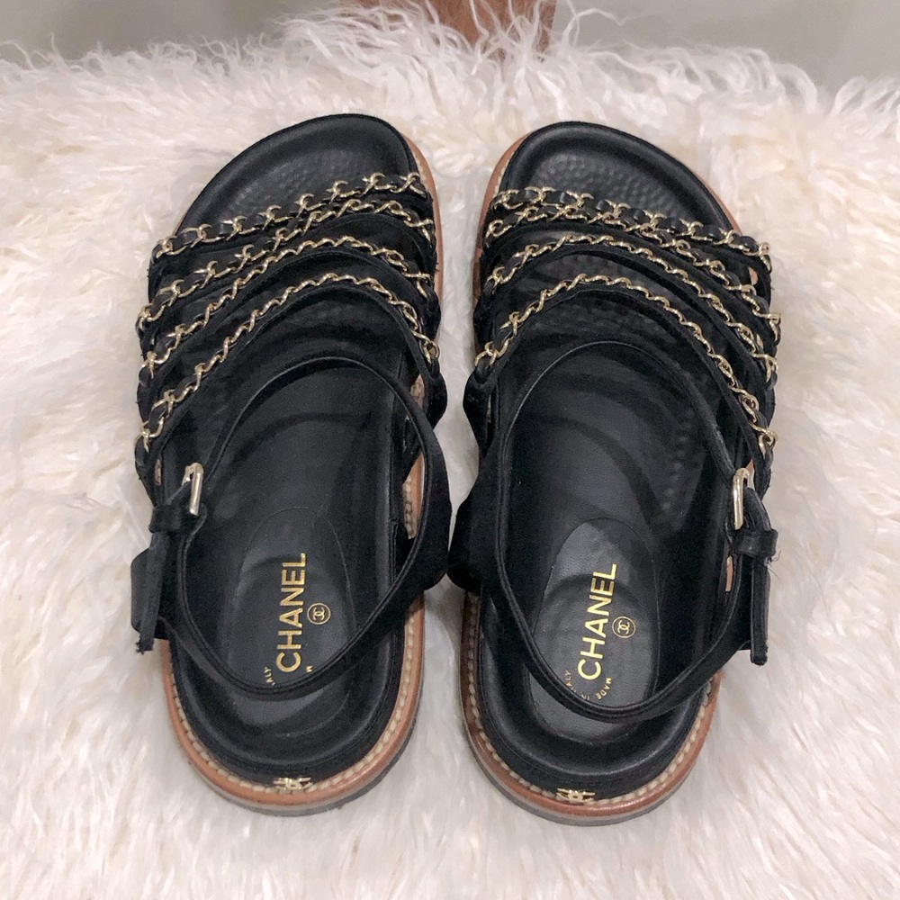 CHANEL Black leather and Satin with Gold Chain Sandals - Picture 4 of 10